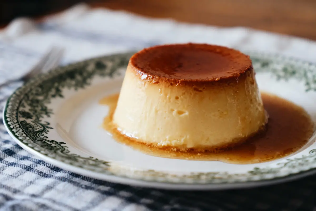 Flan au caramel sur assiette décorée, présenté sur nappe à carreaux.
