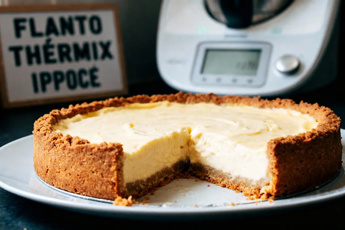 Tarte au fromage sur assiette grise, avec un segment découpé; robot culinaire en arrière-plan.