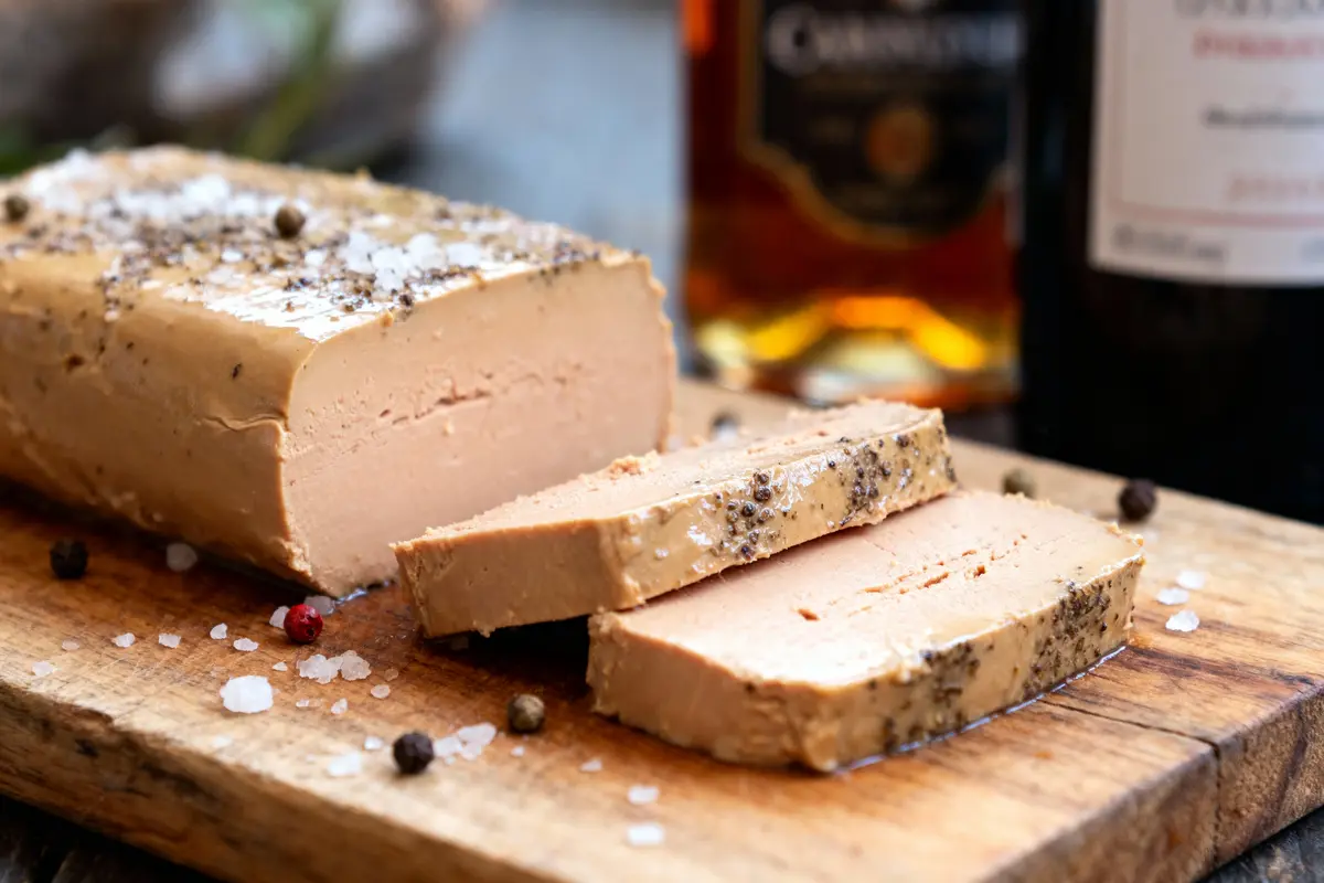 Tranche de foie gras sur planche, poivre, sel, bouteilles floues en arrière-plan.
