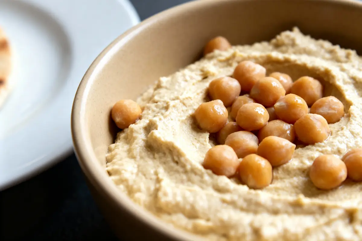 pexels-michal-pech-213601-757318 (1) Bol de houmous garni de pois chiches entiers, avec une assiette floue à l'arrière-plan.