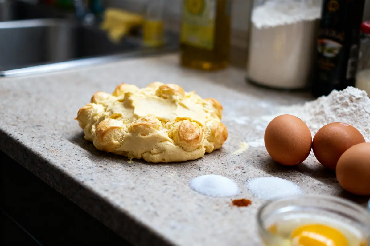 pexels-michal-pech-213601-757318 (1) Pâte à brioche ronde sur plan de travail, avec œufs, farine, sucre et épices pour cuisiner.