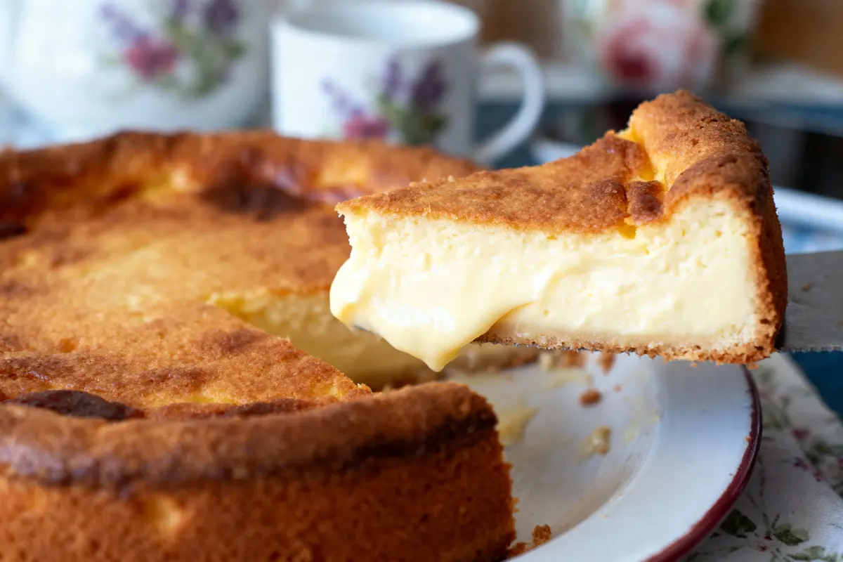 Gâteau au fromage tranché sur assiette, avec tasse de thé en arrière-plan.