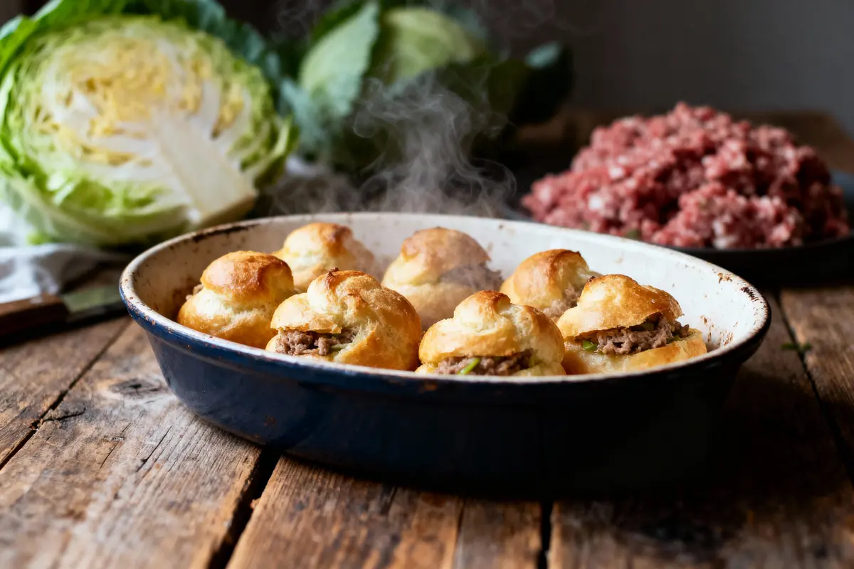 Plat en céramique avec bouchées feuilletées farcies à la viande, chou en arrière-plan.