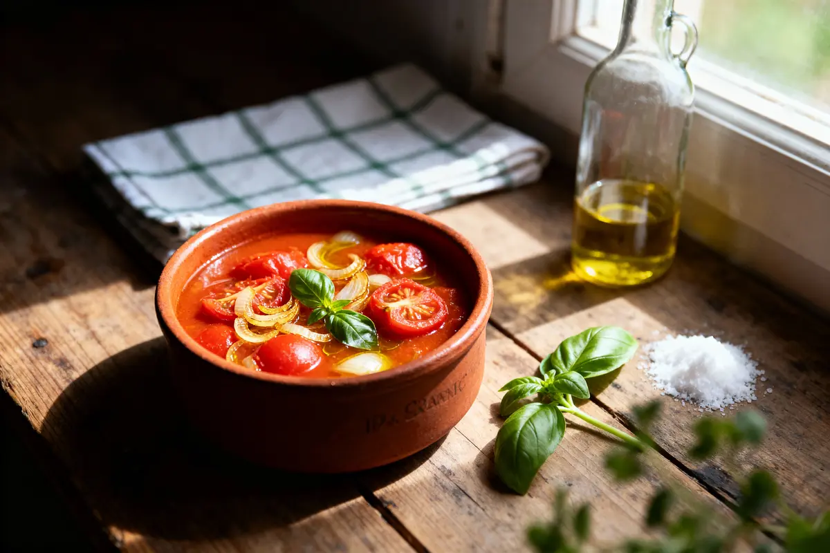Bol de soupe tomate-ail, basilic frais, huile d'olive, sel, sur table en bois près de fenêtre.