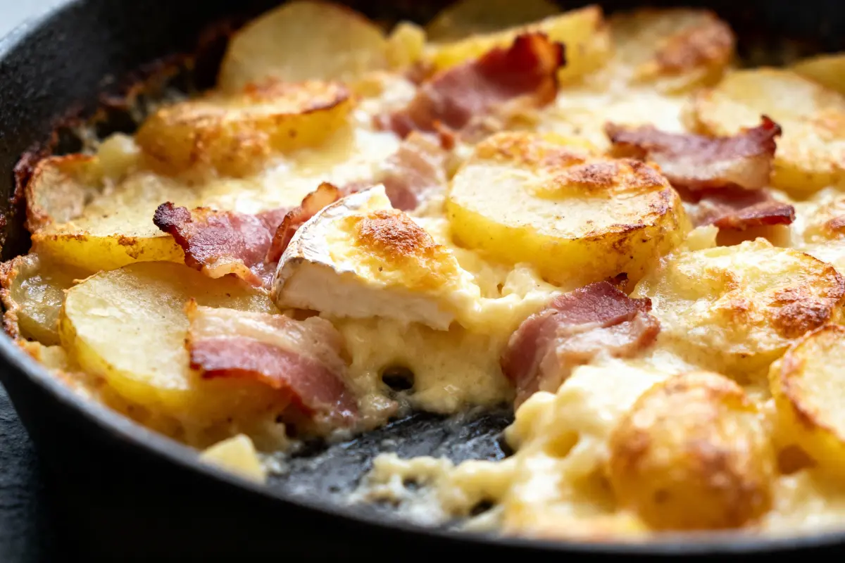pexels-michal-pech-213601-757318 (1) Tranches de pommes de terre, bacon et fromage fondant cuits au four dans un plat.