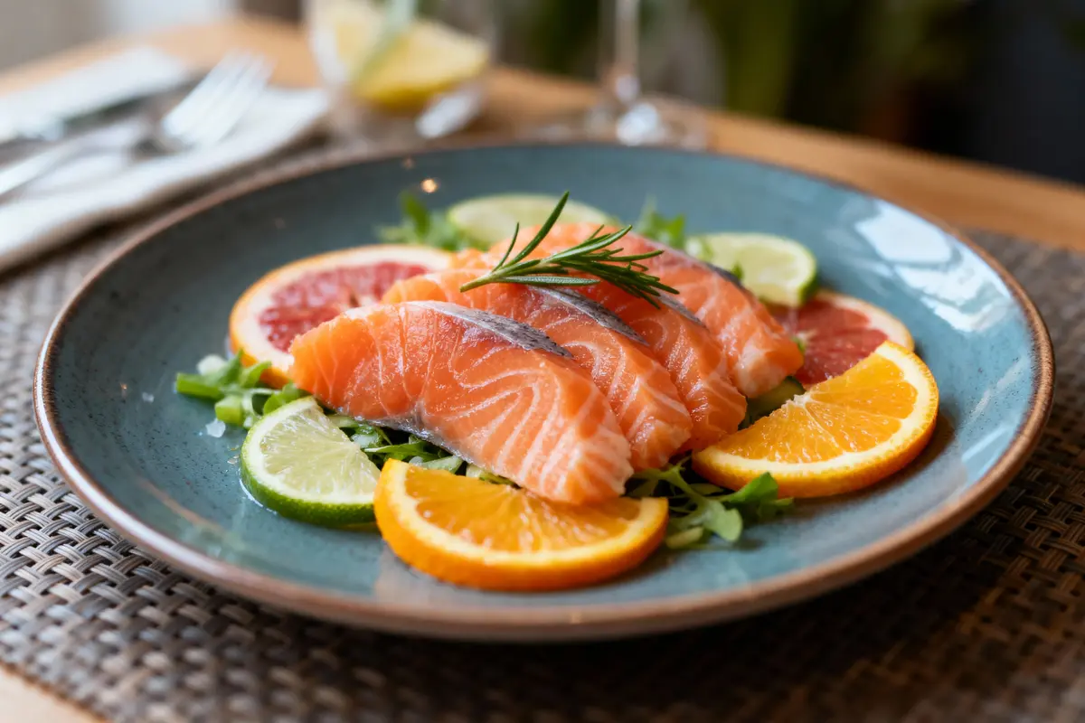 Assiette de sashimi de saumon avec tranches d'agrumes et décoration de romarin sur un lit de salade.