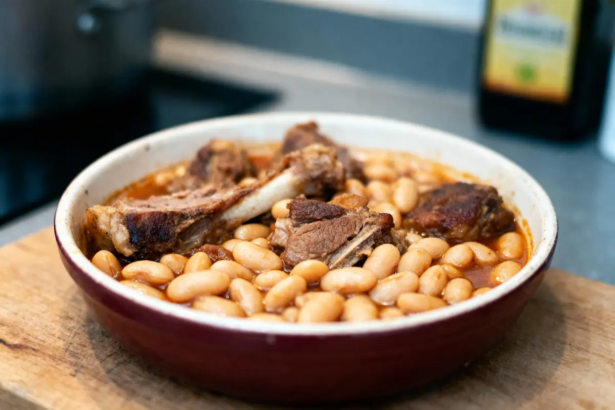pexels-michal-pech-213601-757318 (1) Plat de cassoulet avec haricots blancs et morceaux de viande dans un plat en céramique, sur une planche.