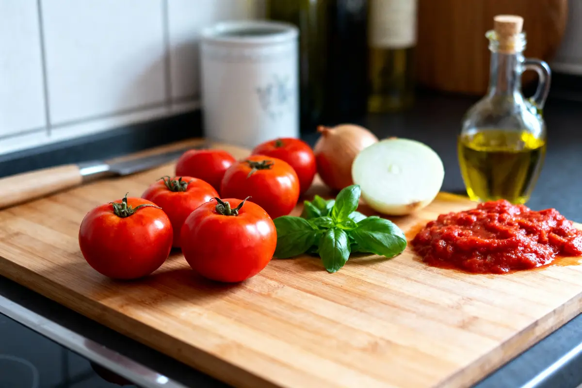 Tomates, oignon, basilic, sauce tomate et huile d'olive sur planche à découper en bois.