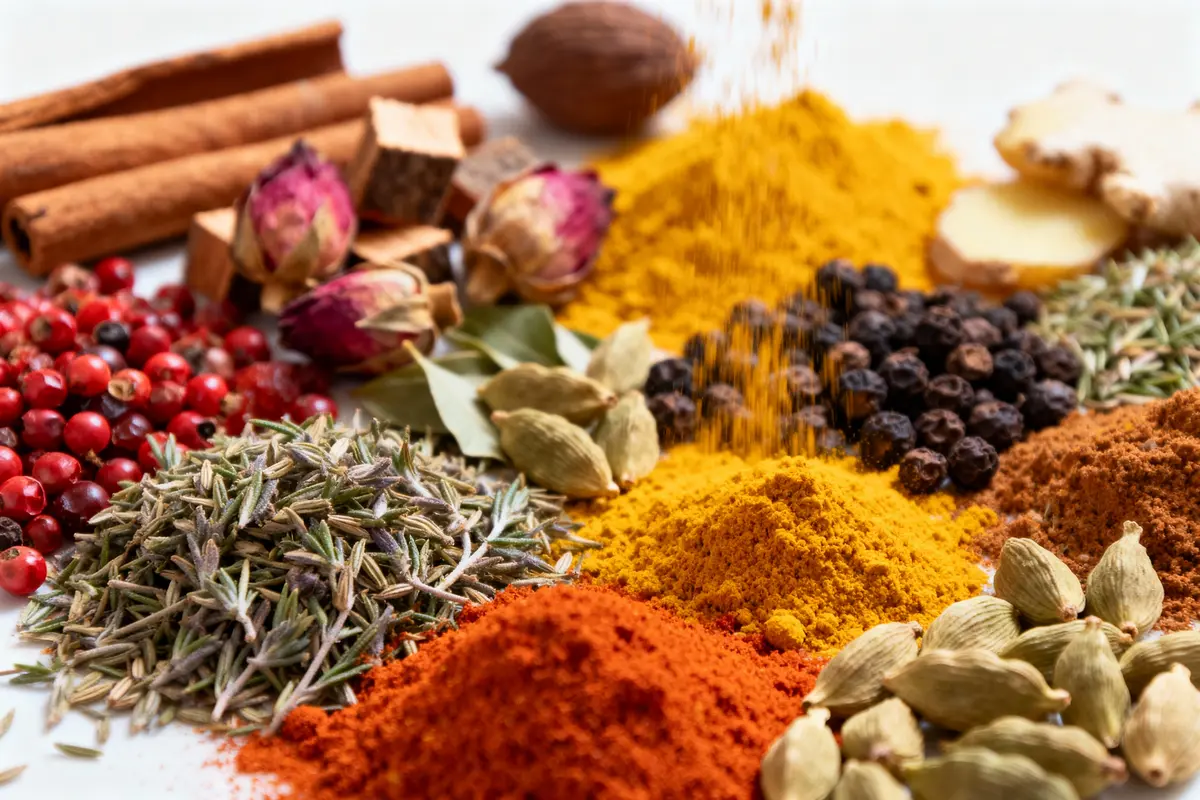 Assortiment coloré d'épices variées : cannelle, baies rouges, lavande, cardamome, curcuma, poivre, gingembre, pétales de roses.