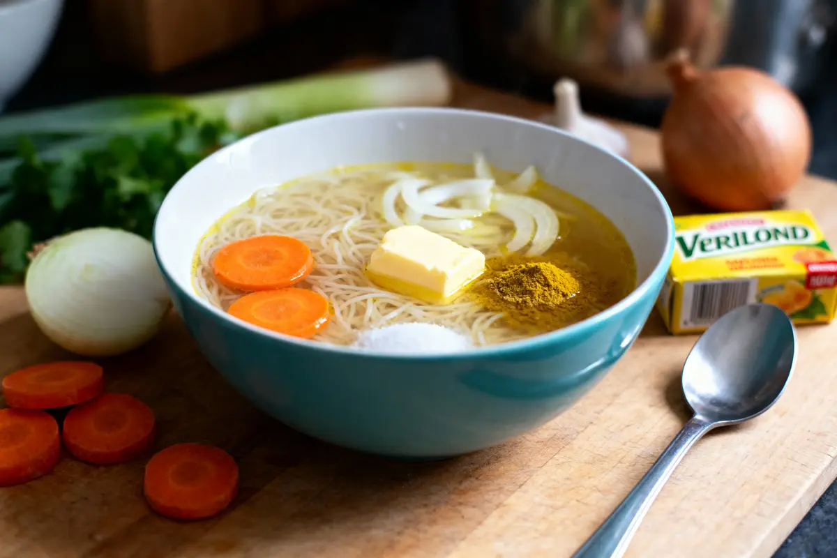 Bol de soupe aux nouilles avec carottes, oignons, beurre, épices, cube de bouillon et cuillère en métal.