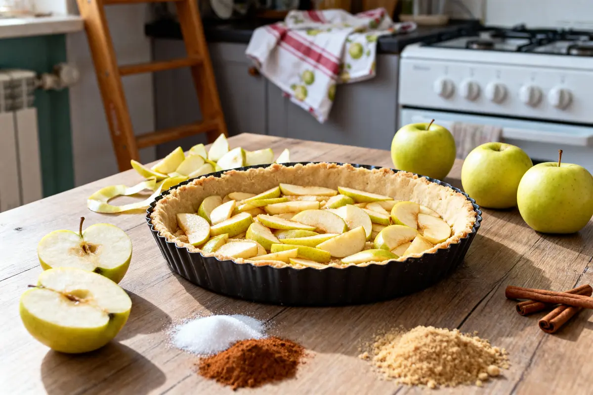 pexels-michal-pech-213601-757318 (1) Tarte aux pommes en préparation sur table en bois, avec pommes, cannelle, sucre et chapelure. Cuisine en arrière-plan.