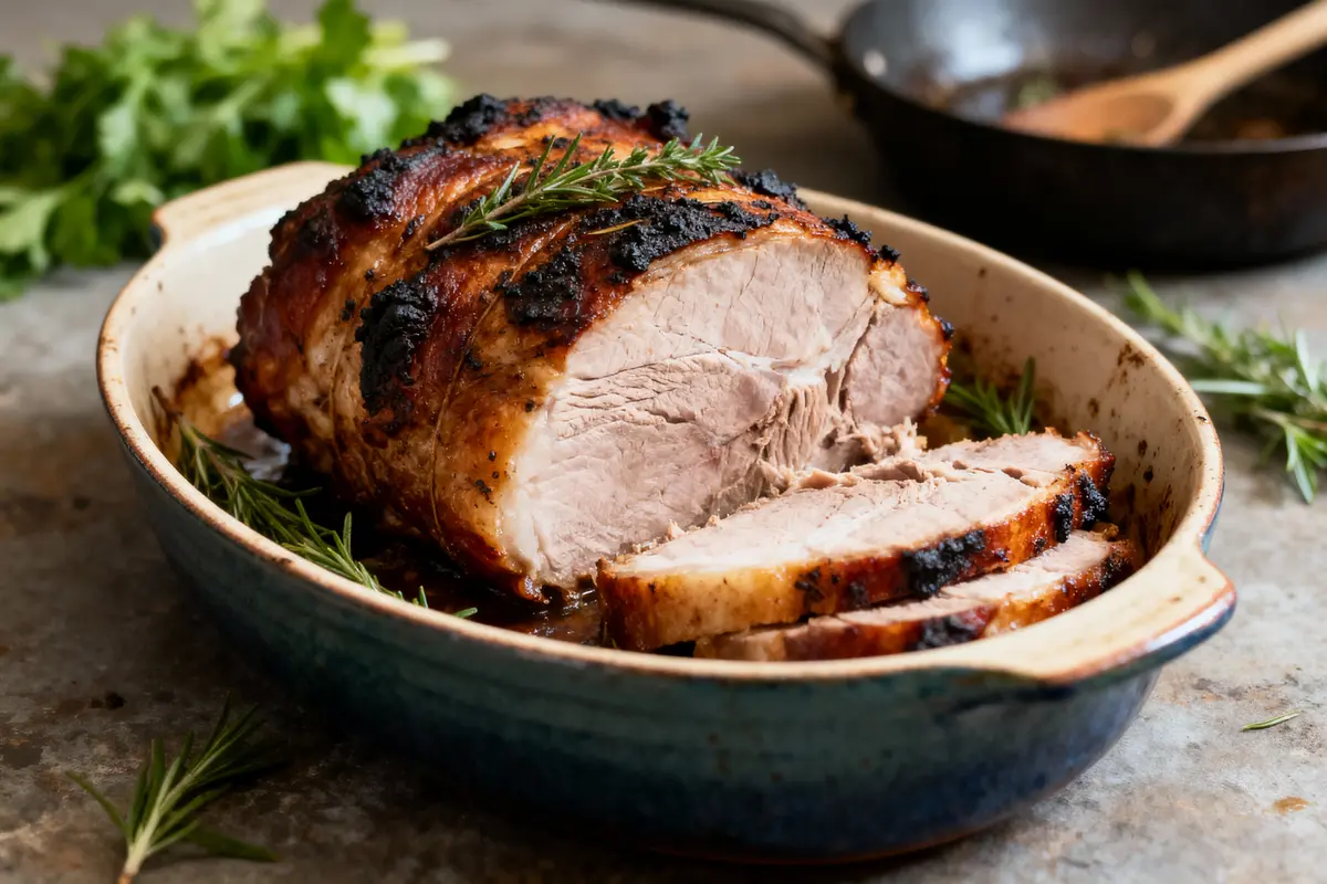 Rôti de porc tranché dans un plat, garni de romarin, avec une poêle et herbes en arrière-plan.