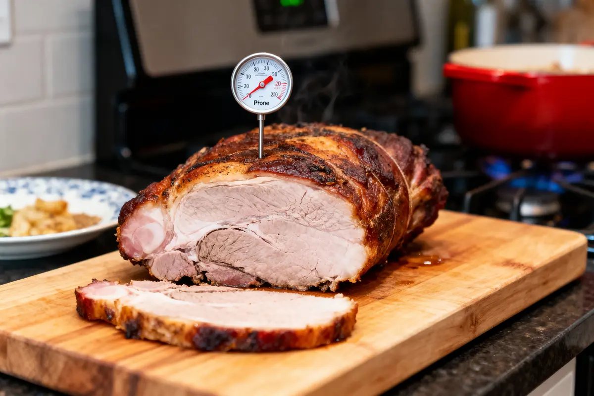 pexels-michal-pech-213601-757318 (1) Rôti de viande avec thermomètre sur planche à découper, tranche coupée, cuisine en arrière-plan.