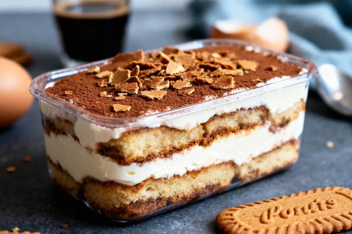 Tiramisu en boîte plastique, biscuit spéculoos à côté, café, et œufs en arrière-plan sur table grise.