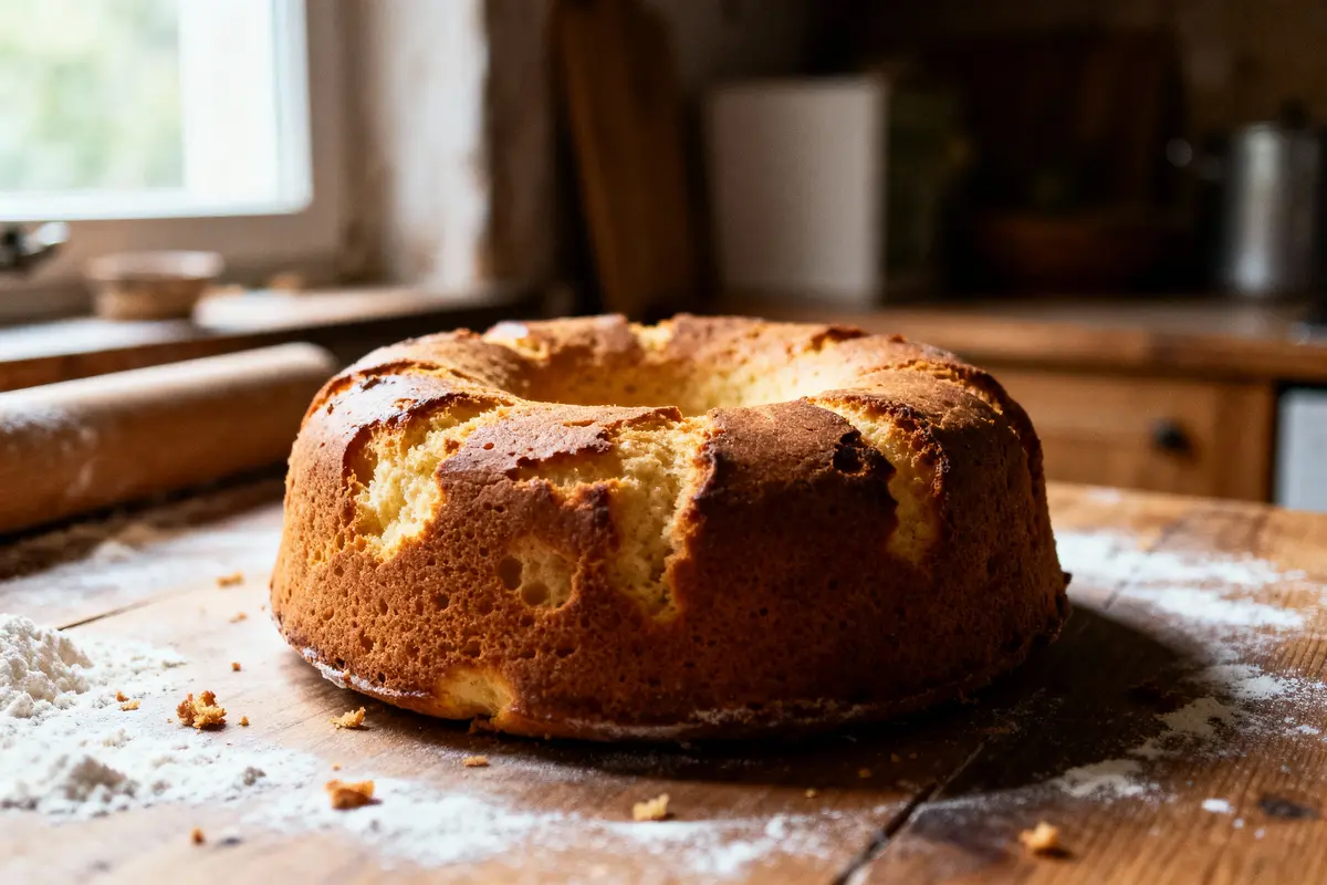 Gâteau moelleux fait maison sur table en bois, entouré de farine et miettes, éclairage naturel doux.