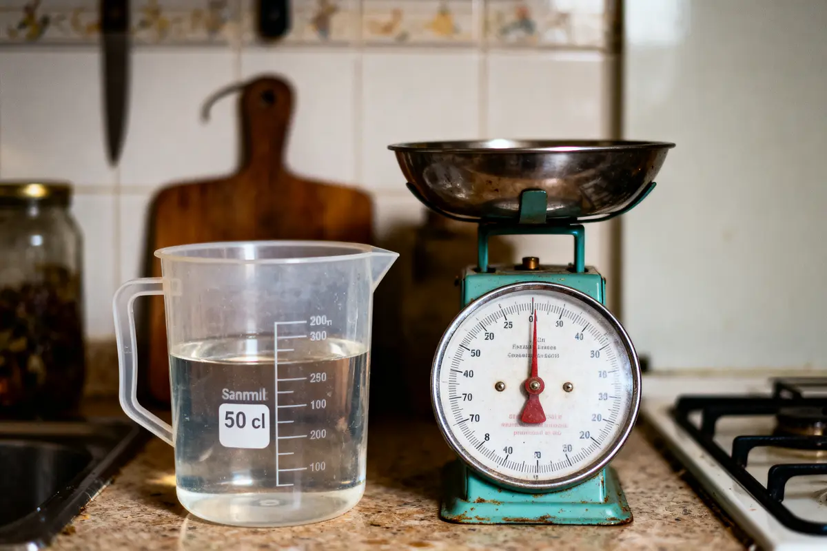Balance de cuisine vintage à côté d'un verre doseur rempli d'eau sur un comptoir de cuisine.