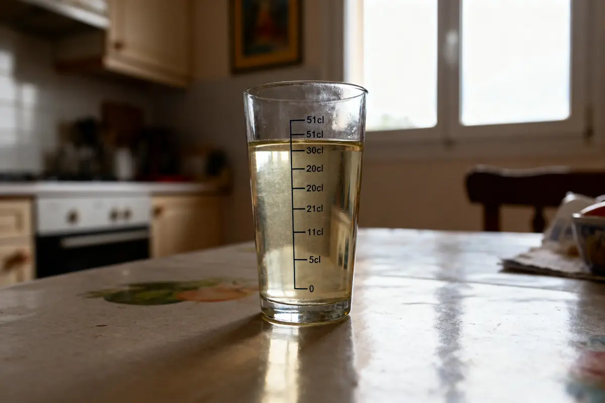 Verre gradué rempli de liquide clair sur une table de cuisine avec arrière-plan flou.