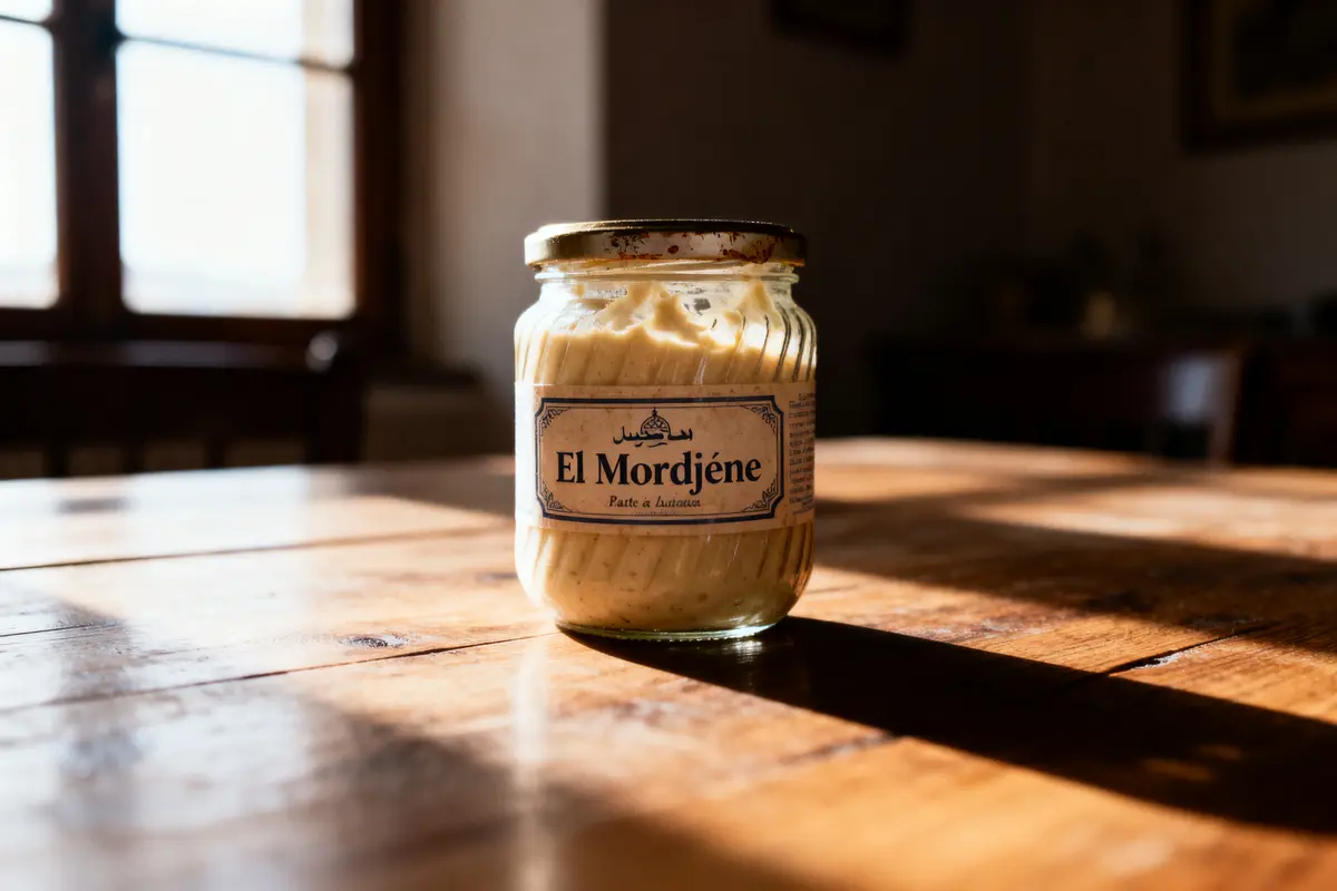 pexels-michal-pech-213601-757318 (1) Pot de pâte "El Mordjène" sur table en bois, éclairé par le soleil.