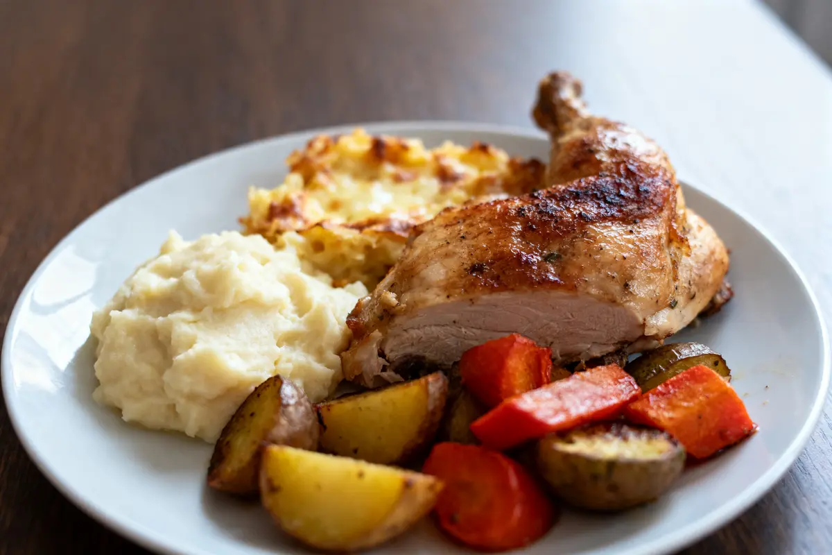 pexels-michal-pech-213601-757318 (1) Assiette avec poulet rôti, purée de pommes de terre, gratin et légumes rôtis sur une table en bois.