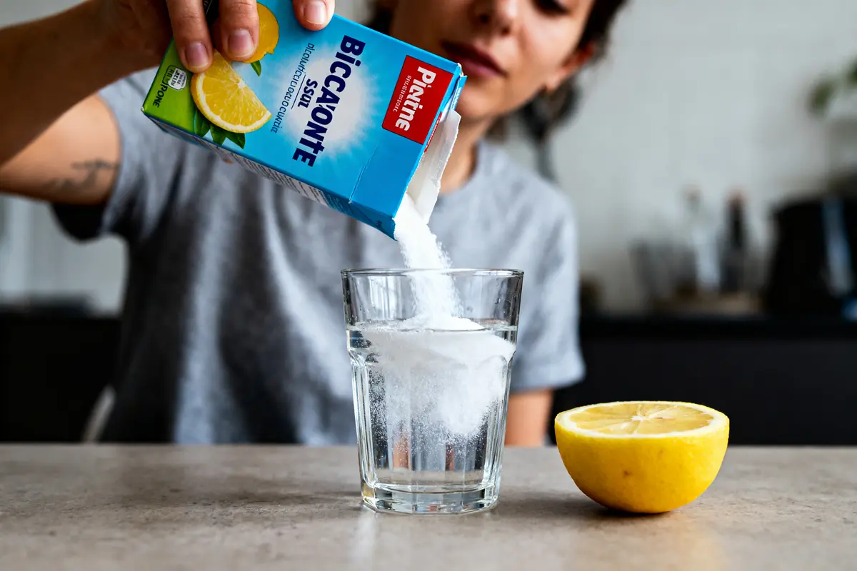 Personne versant du bicarbonate de soude dans un verre d'eau, demi-citron à côté, sur une table.