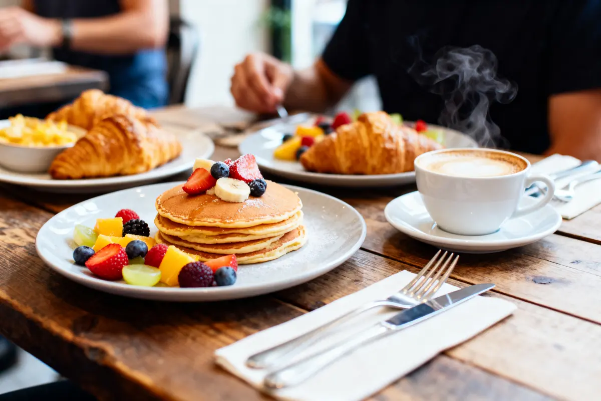 pexels-michal-pech-213601-757318 (1) Petit-déjeuner avec pancakes, fruits, croissants et café fumant sur table en bois. Assiettes et couverts visibles.