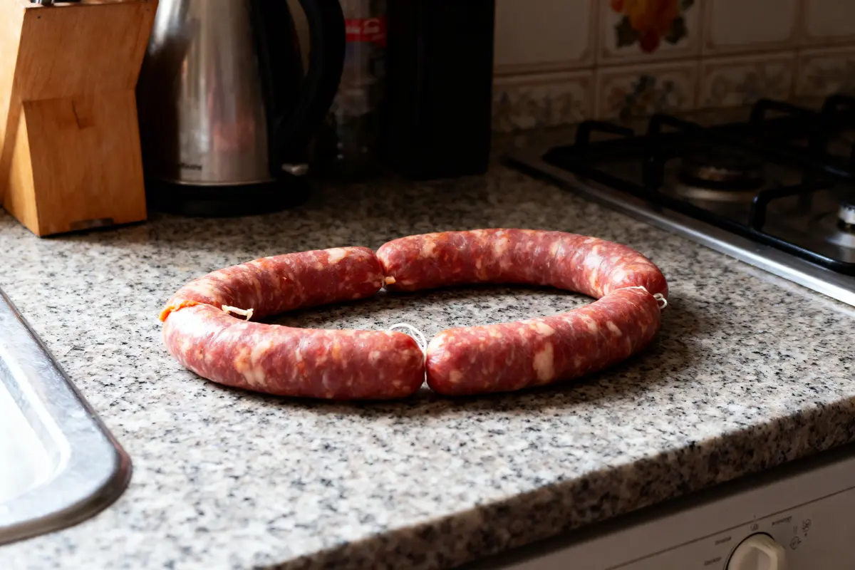 Saucisse crue en forme de cercle posée sur un plan de travail de cuisine en granit.