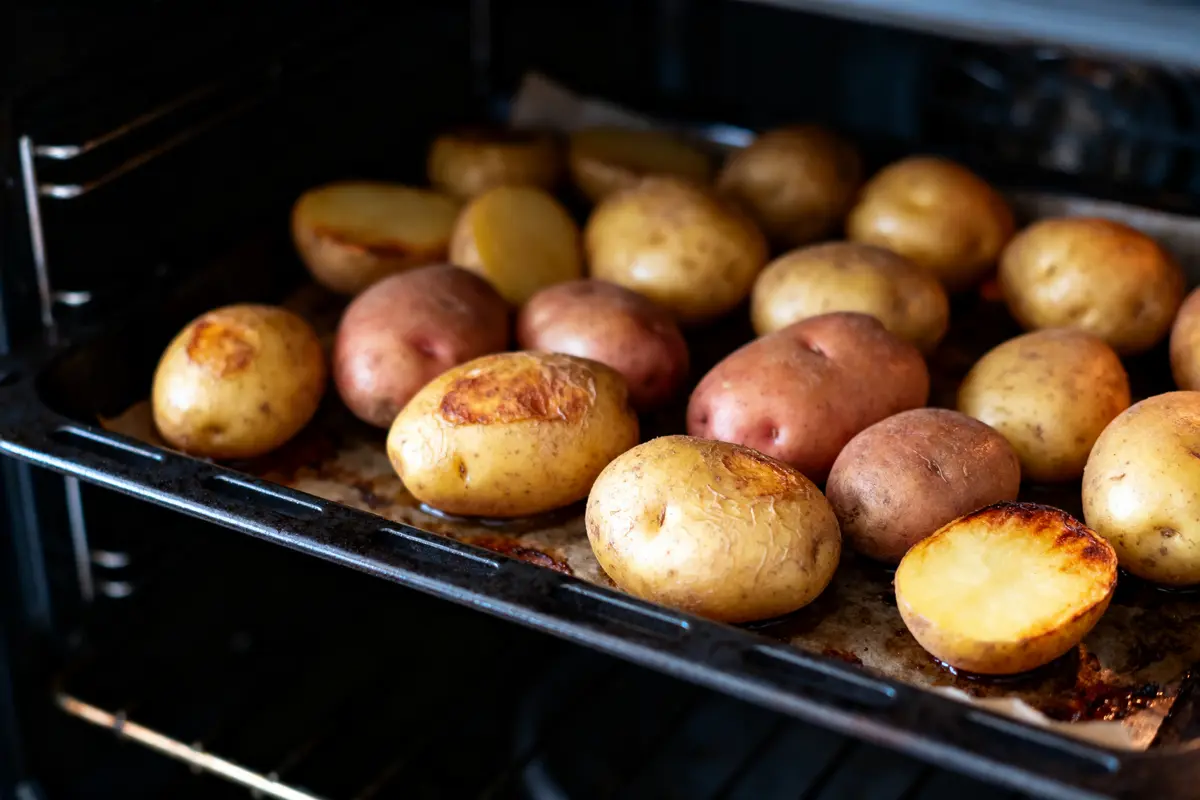 Pommes de terre rôties au four sur une plaque de cuisson, légèrement dorées, variétés rouges et blanches.