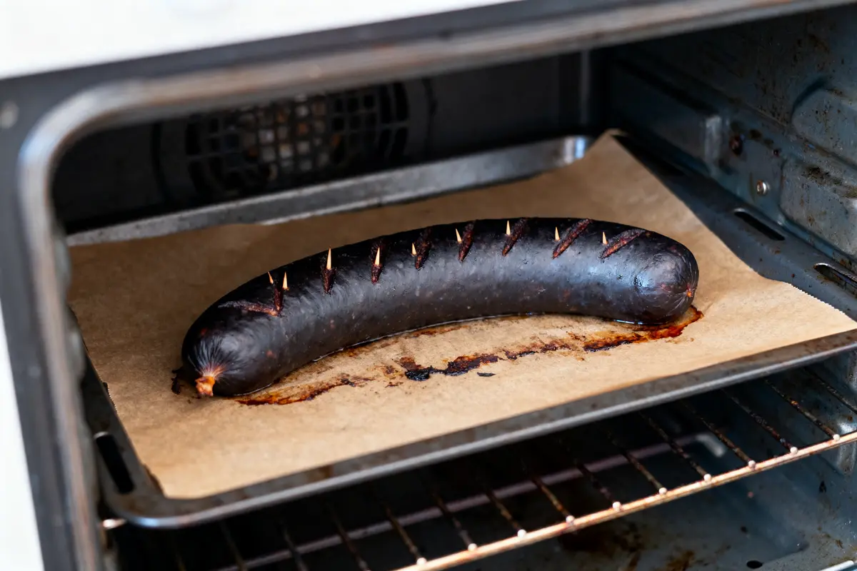Saucisse noire cuite au four sur papier sulfurisé, sur plaque de cuisson.