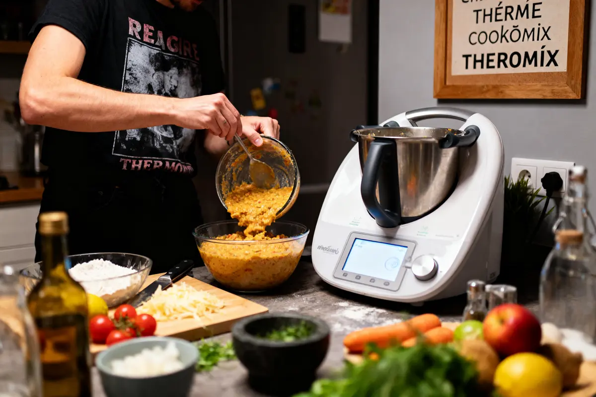 Personne cuisinant avec un robot culinaire sur un plan de travail, entouré d'ingrédients frais et ustensiles.