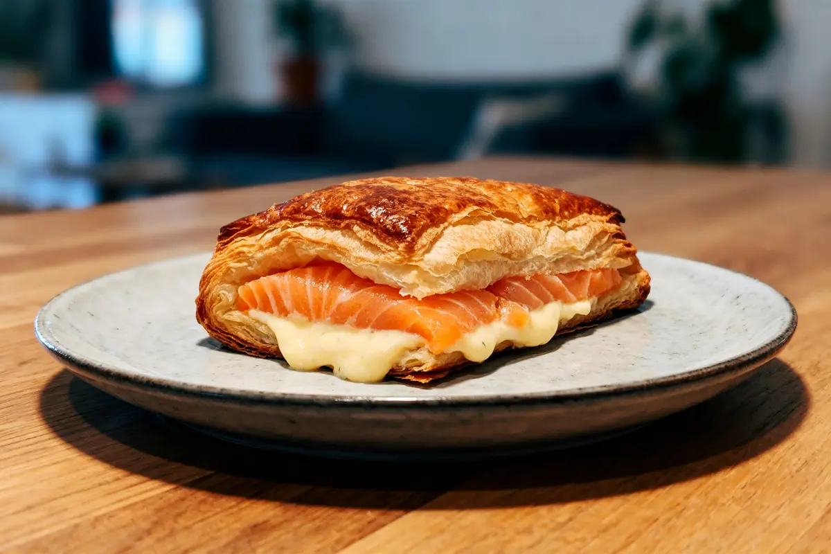 Feuilleté au saumon et fromage fondu sur une assiette en céramique, posé sur une table en bois.