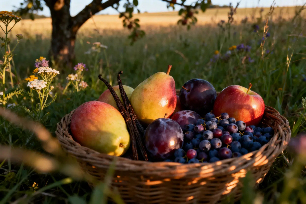 Panier de fruits variés dans un champ fleuri, illuminé par la lumière douce du soleil couchant.