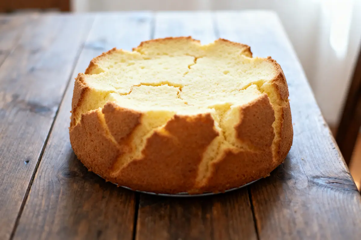 pexels-michal-pech-213601-757318 (1) Gâteau maison doré avec croûte craquelée sur table en bois, éclairage naturel doux.