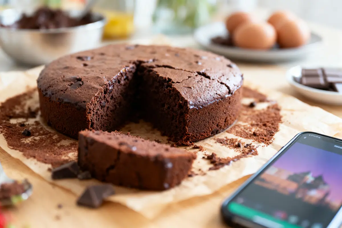 Gâteau au chocolat avec une tranche coupée, smartphone à côté, œufs et chocolat en arrière-plan.