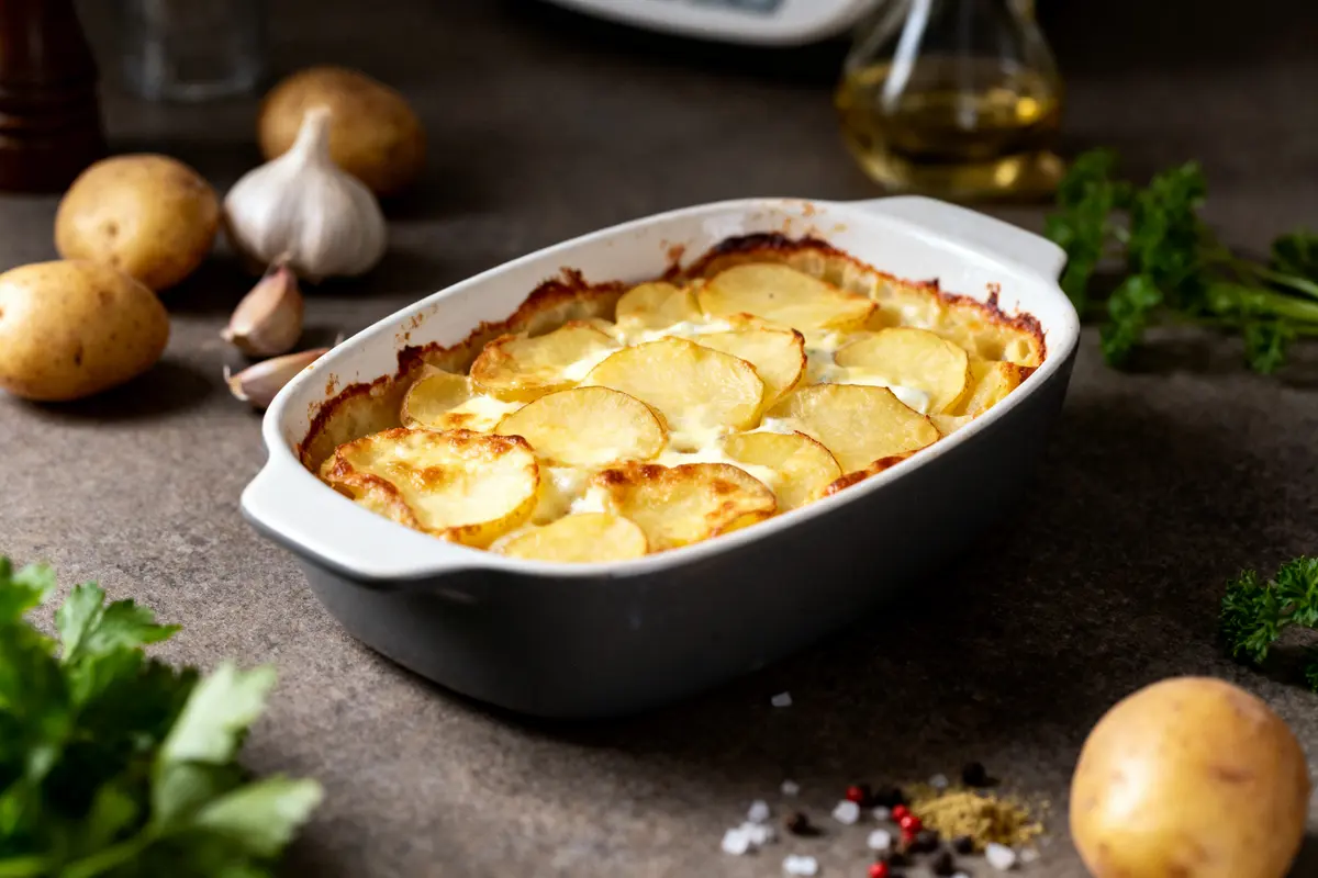 pexels-michal-pech-213601-757318 (1) Gratin de pommes de terre doré dans un plat, entouré d'ingrédients frais et épices sur table.