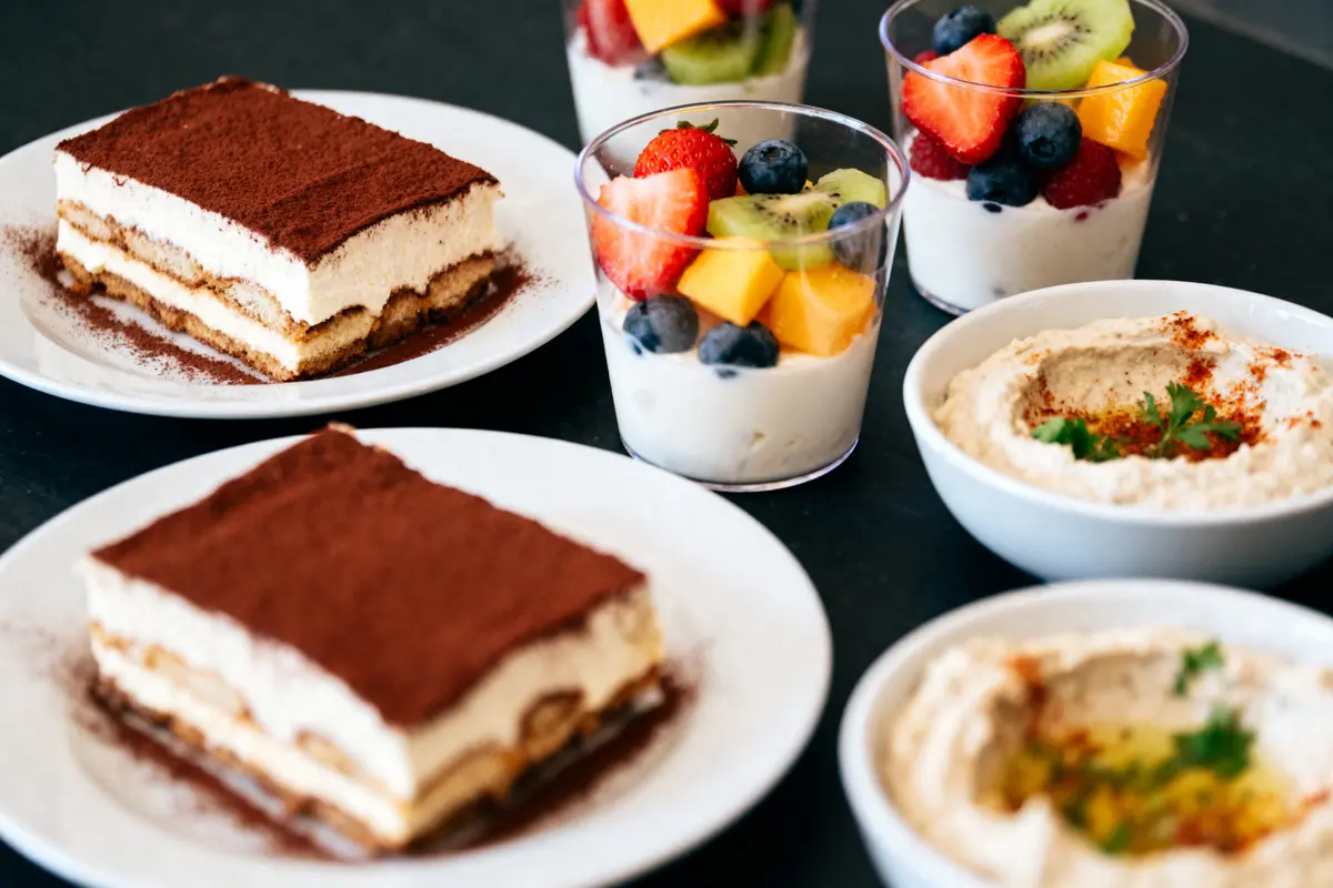Assortiment de tiramisu, verrines de fruits frais, et houmous décoré, sur une table noire.