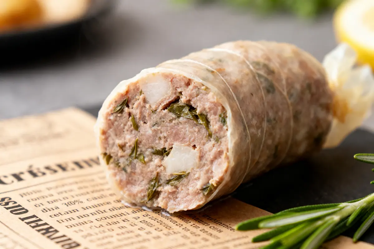 pexels-michal-pech-213601-757318 (1) Saucisse artisanale tranchée, garnie d'herbes et épices, posée sur un papier journal. Environnement rustique et naturel.