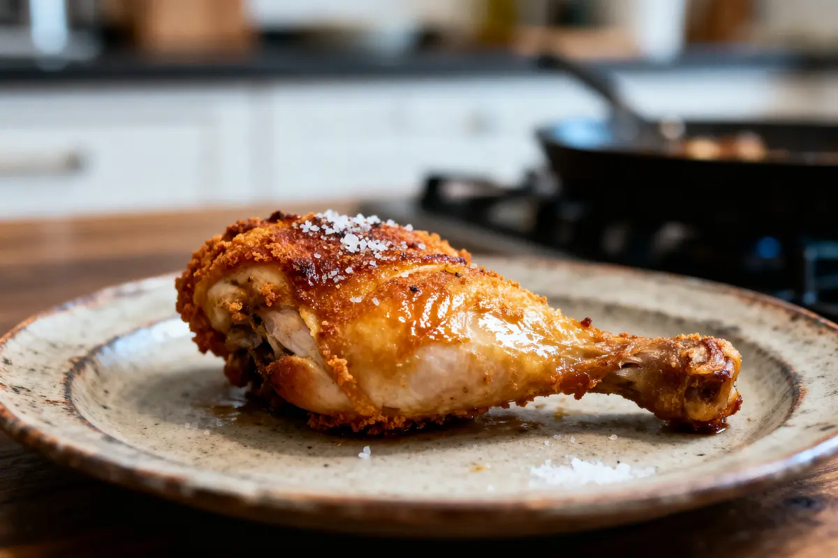 Cuisses de poulet croustillantes avec sel sur assiette en céramique dans une cuisine moderne.