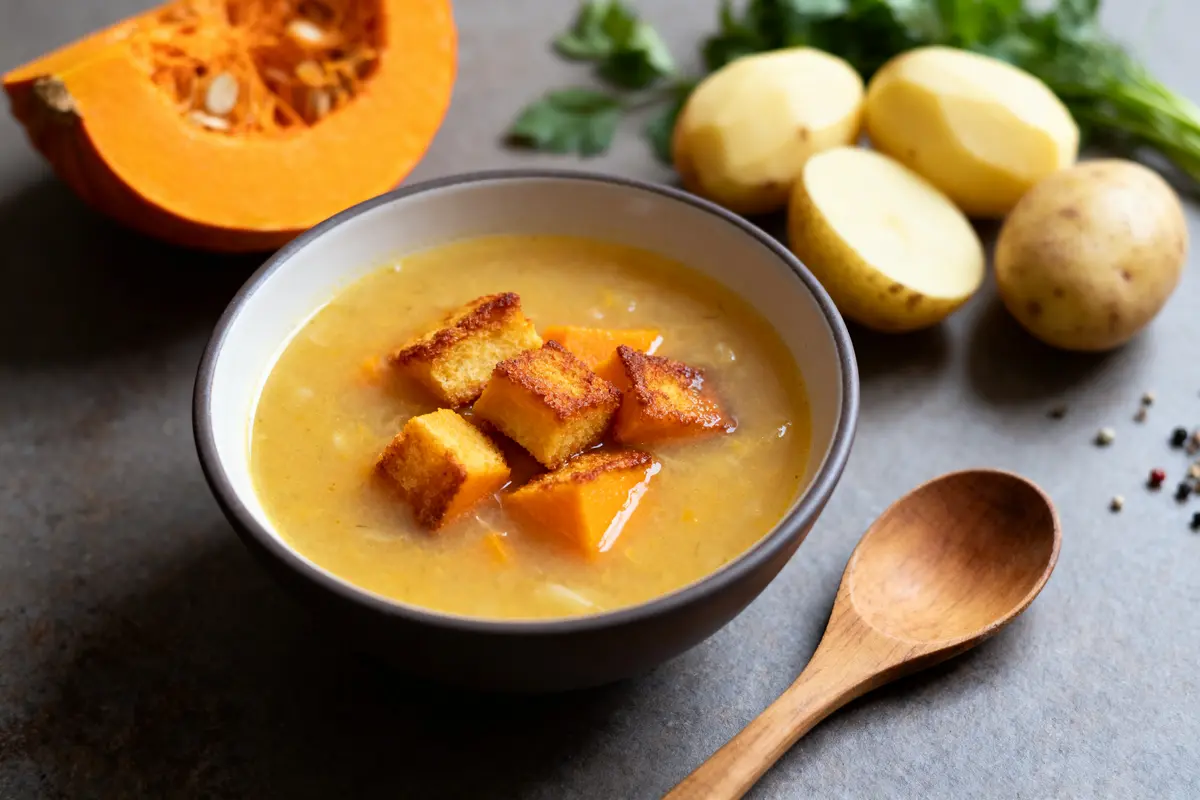 pexels-michal-pech-213601-757318 (1) Bol de soupe, croûtons, courge, pommes de terre, persil et cuillère en bois sur table grise.