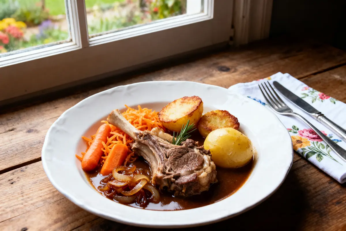 Assiette avec côtes d'agneau, pommes de terre, carottes, oignons, sauce, sur table en bois près d'une fenêtre.