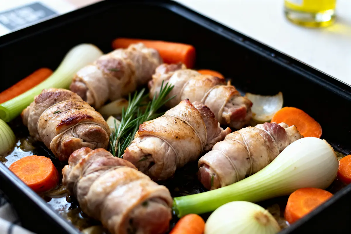 pexels-michal-pech-213601-757318 (1) Roulades de viande cuite au four avec carottes, oignons, céleri et romarin. Plat appétissant dans un plat noir.
