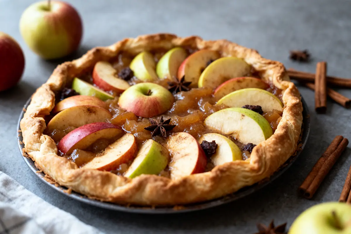 pexels-michal-pech-213601-757318 (1) Tarte aux pommes garnie de tranches de pomme, anis étoilé et cannelle, sur surface grise.
