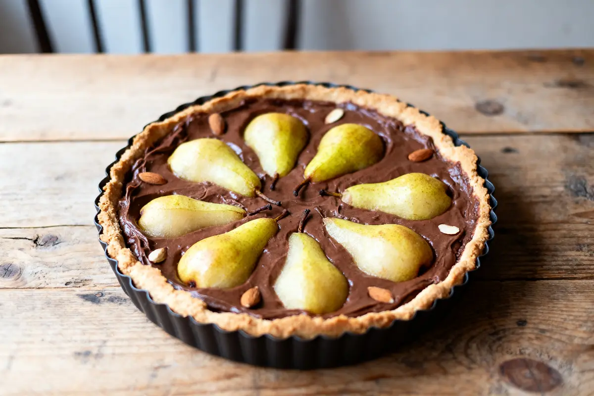 pexels-michal-pech-213601-757318 (1) Tarte aux poires et chocolat avec amandes, posée sur une table en bois.