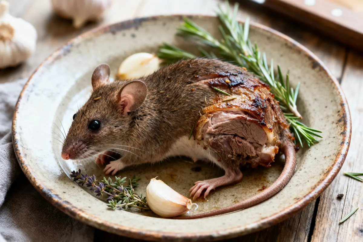 pexels-michal-pech-213601-757318 (1) Une souris servie dans une assiette, garnie d'herbes et d'ail sur une table en bois.