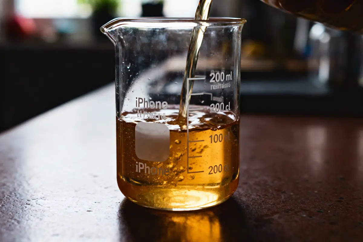 Liquide ambré versé dans un bécher gradué à 200 ml en cl sur table