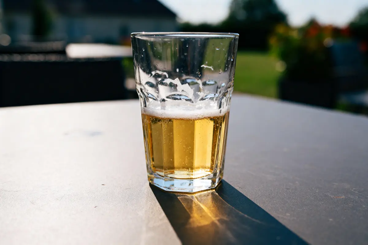Verre de bière ensoleillé sur table extérieure 400 ml en cl visible