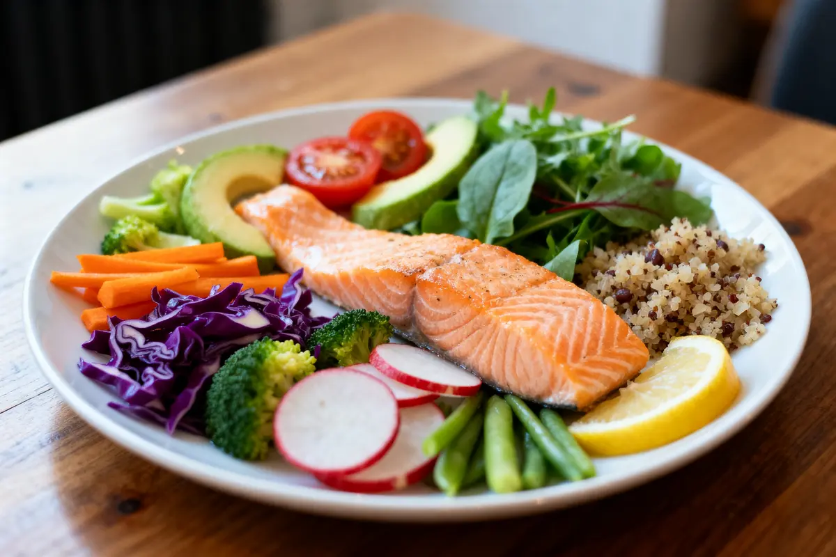 Assiette colorée avec saumon, légumes variés et quinoa en accompagnement du saumon