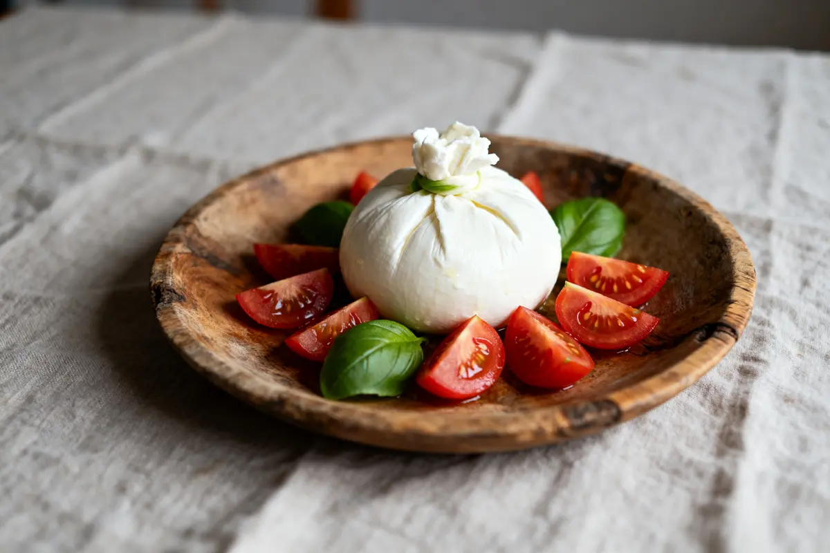 pexels-michal-pech-213601-757318 (1) Assiette de burrata entourée de tomates et basilic, expliquant burrata nutrition facts efficacement