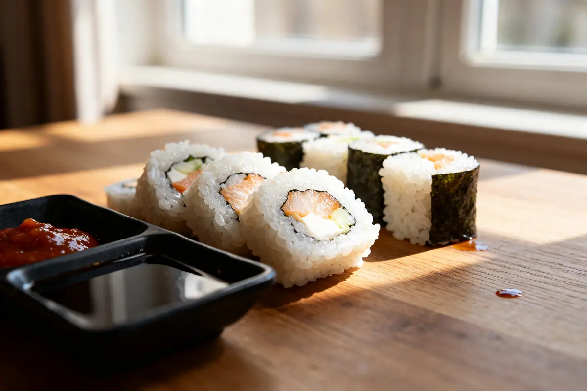 pexels-michal-pech-213601-757318 (1) Assortiment de sushis et sauces sur table en bois illustrant les calories des sushis