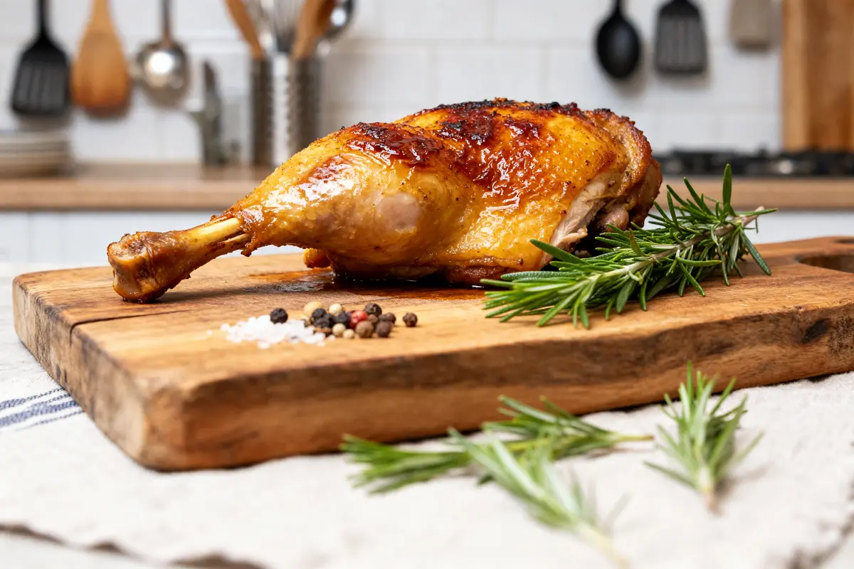 Cuisse de pintade au four dorée avec romarin sur planche en bois