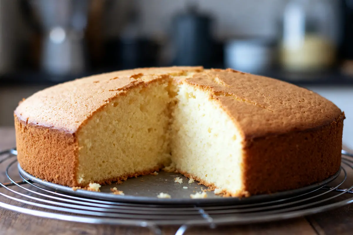 Gâteau à la vanille moelleux, part retirée, sur grille de refroidissement en cuisine